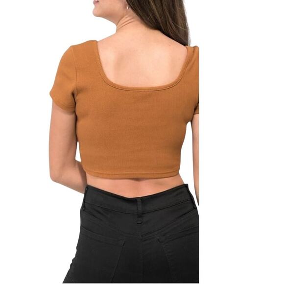 THE RAGGED PRIEST Corset Hem Squard Neck Ribbed Crop Top Sz 6 Brown Orange - Picture 2 of 7